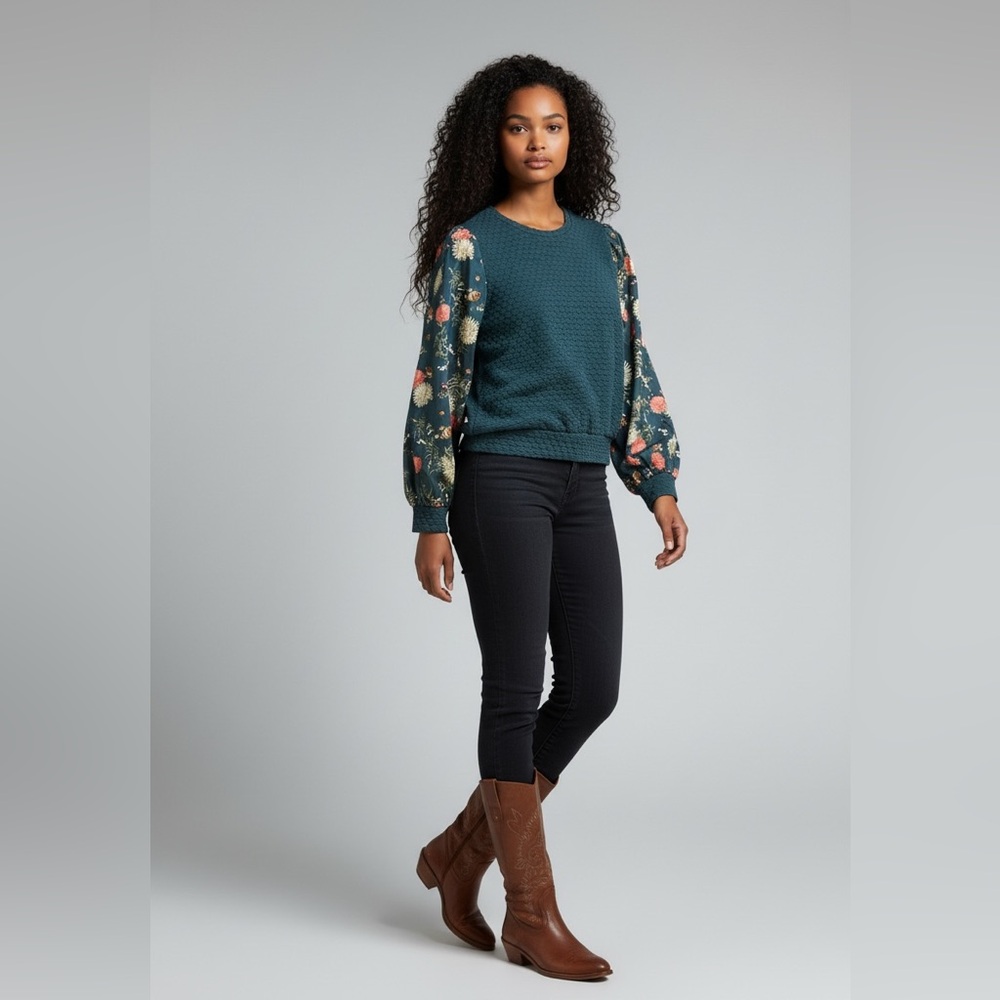 Anthropologie Porridge Textued Top with floral balloon sleeves